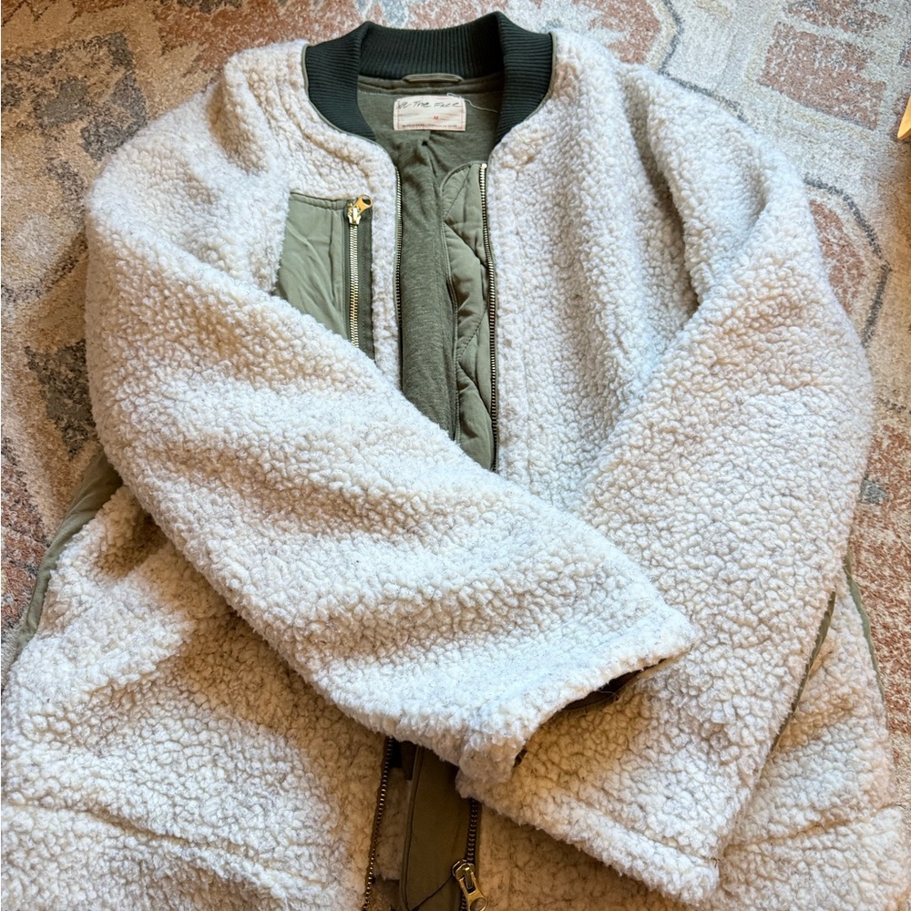 We The Free Cream Teddy Jacket with Olive Accents